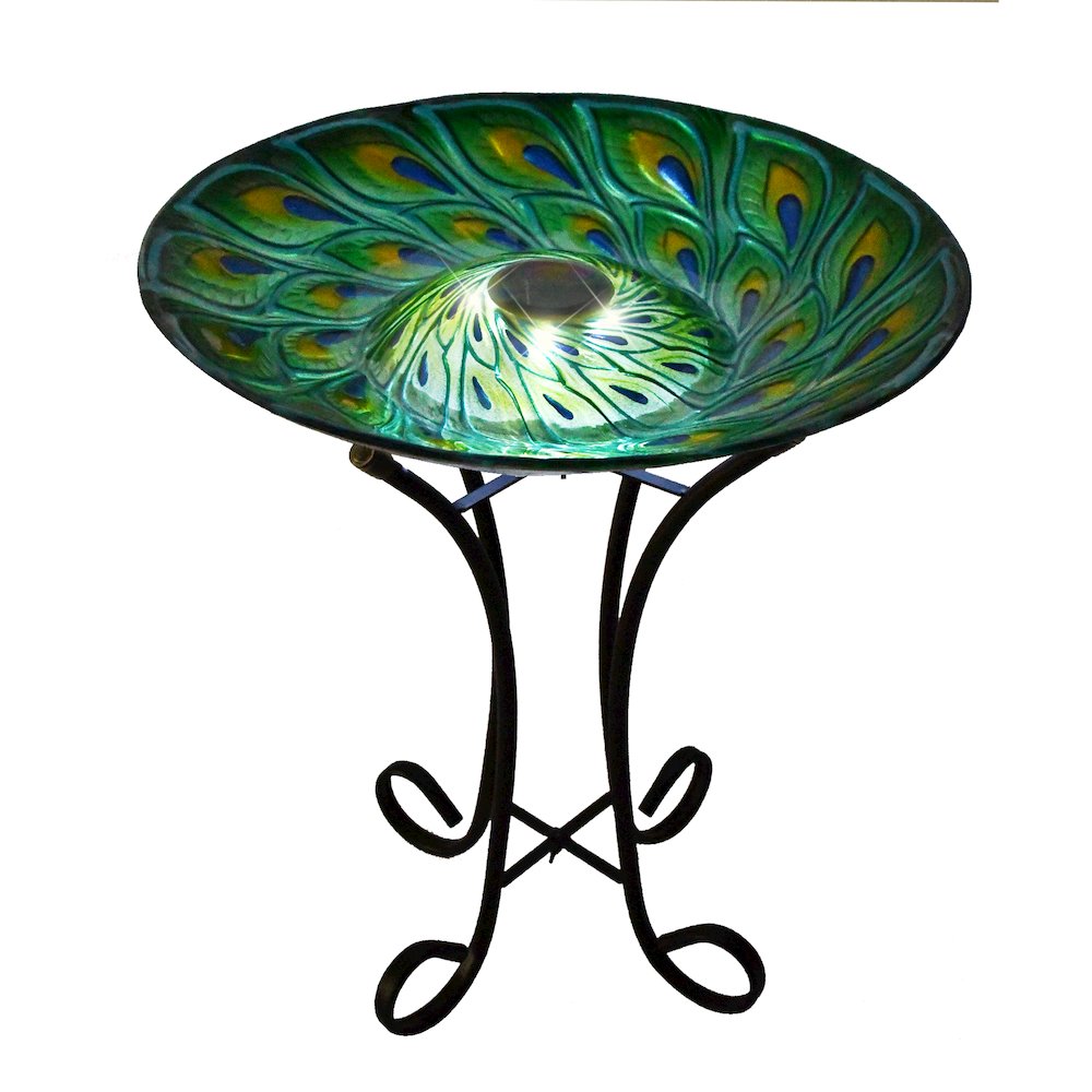 Solar Glass Turquoise Peacock Feathers Bird Bath with Stand