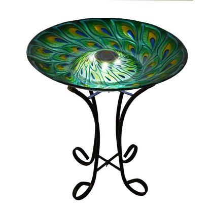 Solar Glass Turquoise Peacock Feathers Bird Bath with Stand
