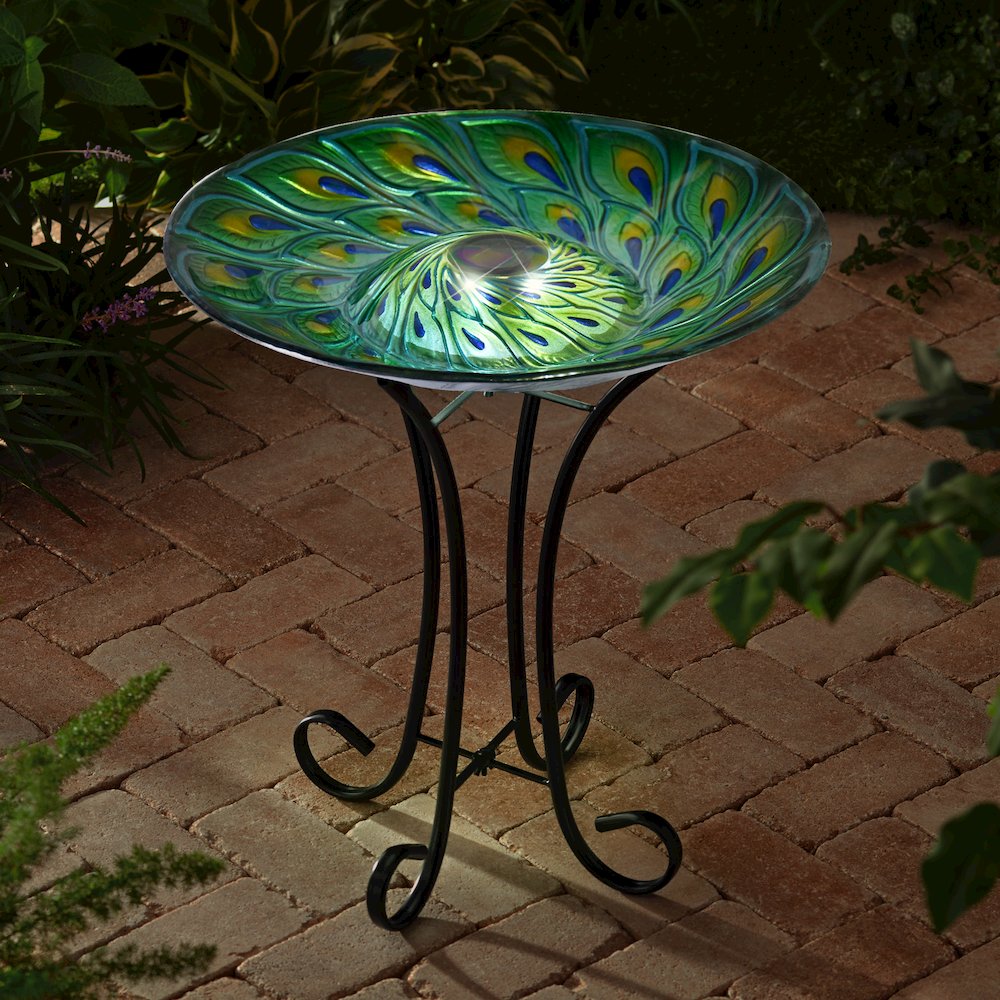 Solar Glass Turquoise Peacock Feathers Bird Bath with Stand