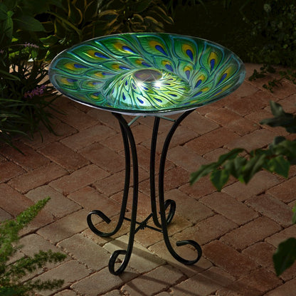 Solar Glass Turquoise Peacock Feathers Bird Bath with Stand