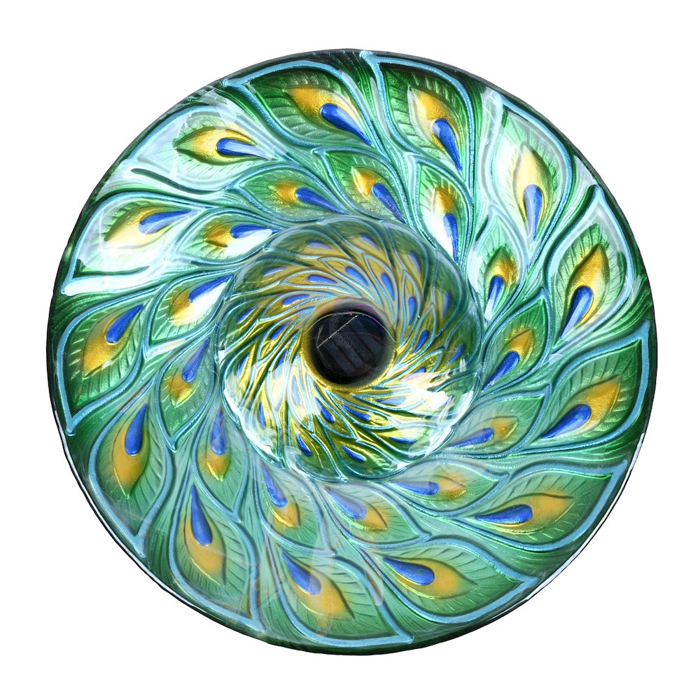 Solar Glass Turquoise Peacock Feathers Bird Bath with Stand