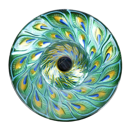 Solar Glass Turquoise Peacock Feathers Bird Bath with Stand