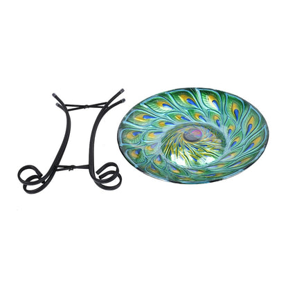 Solar Glass Turquoise Peacock Feathers Bird Bath with Stand