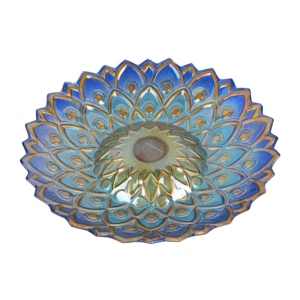 Solar Peacock Blue Geometric Glass Bird Bath with Stand