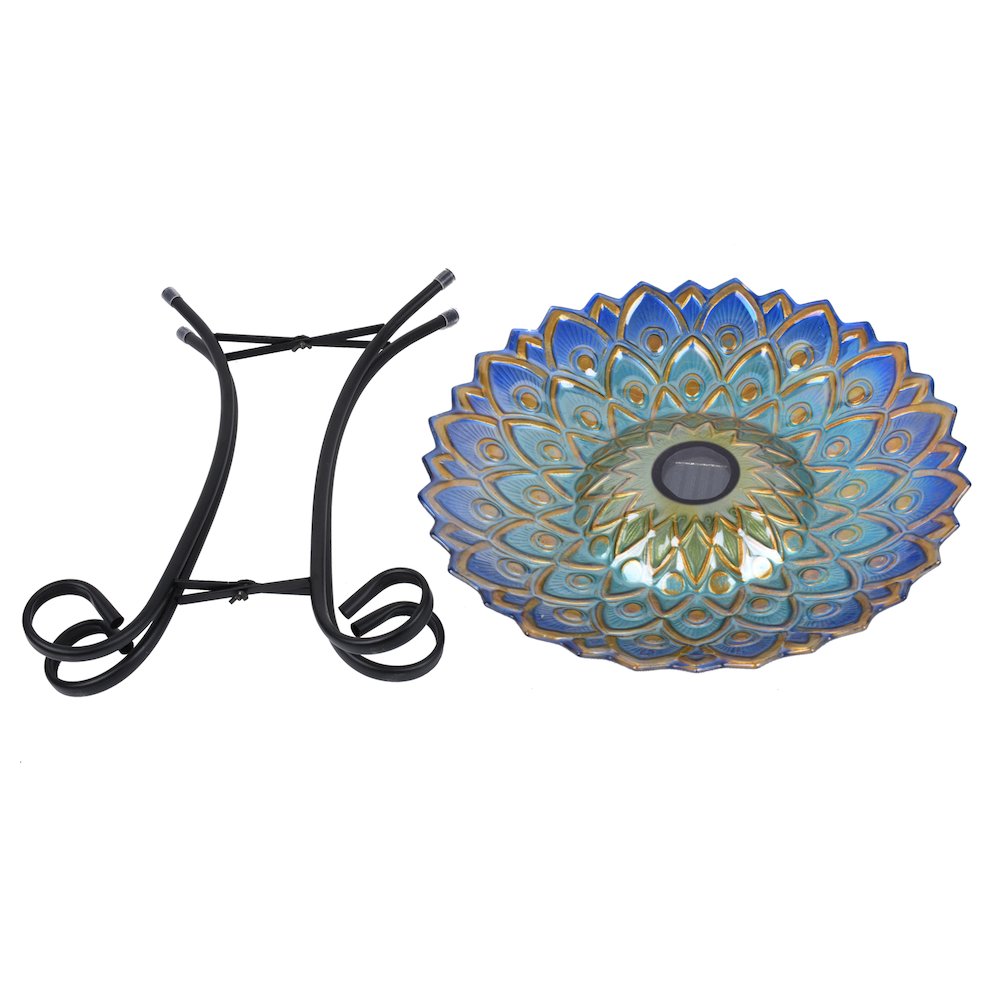 Solar Peacock Blue Geometric Glass Bird Bath with Stand