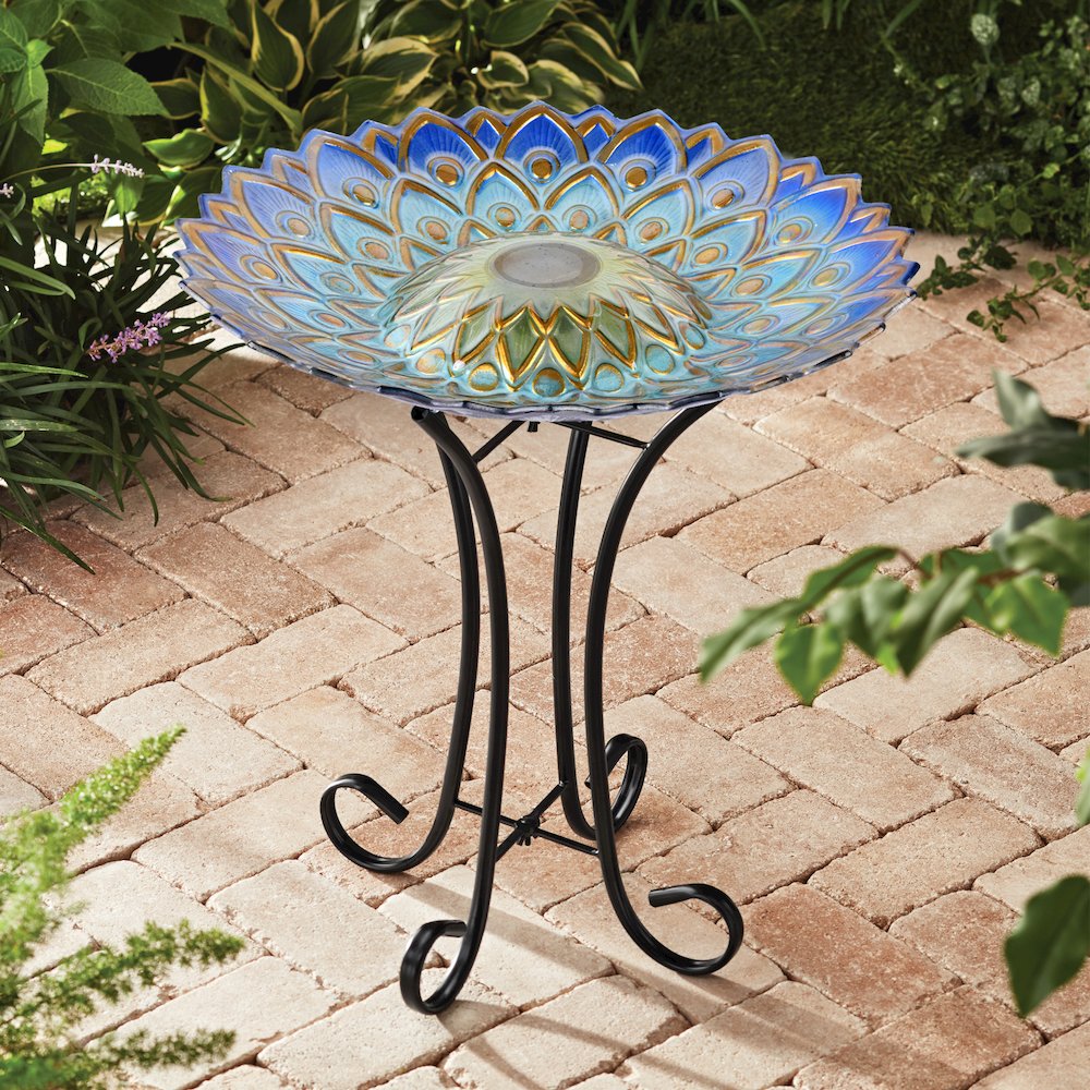 Solar Peacock Blue Geometric Glass Bird Bath with Stand