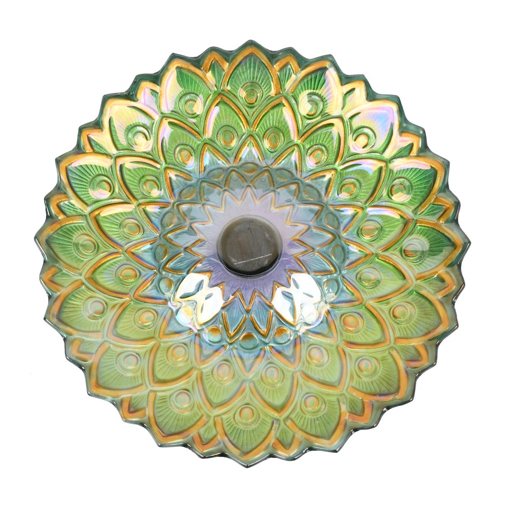 Solar Peacock Green Geometric Glass Bird Bath with Stand