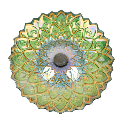 Solar Peacock Green Geometric Glass Bird Bath with Stand