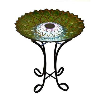 Solar Peacock Green Geometric Glass Bird Bath with Stand