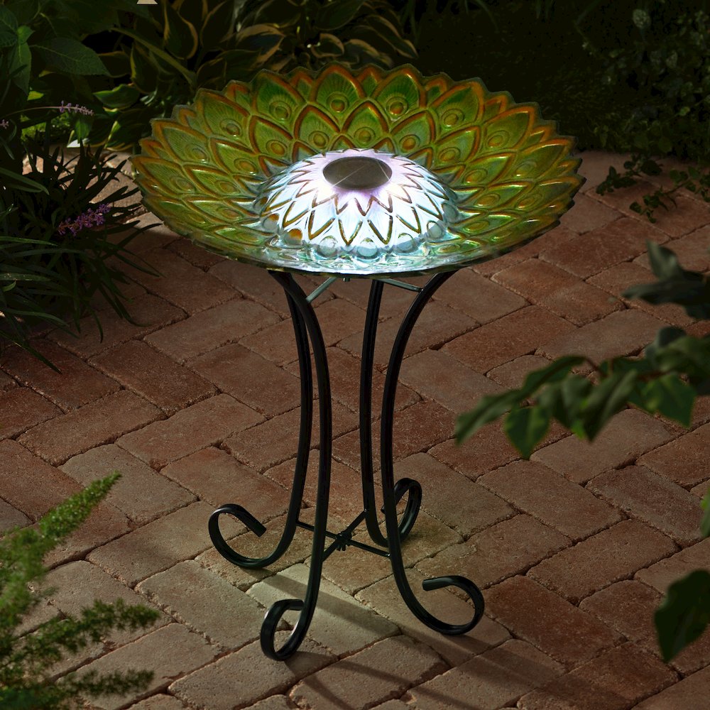 Solar Peacock Green Geometric Glass Bird Bath with Stand