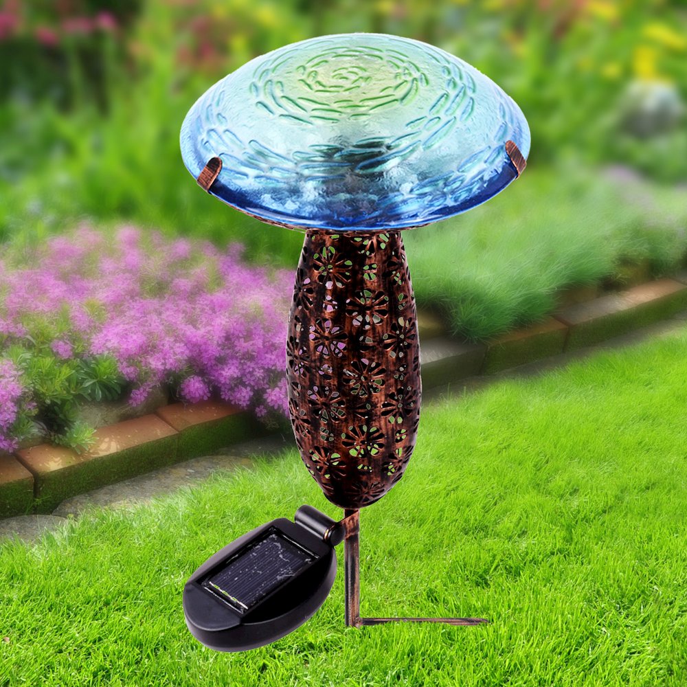 Metal And Glass Solar Mushroom Stake with LED - Blue