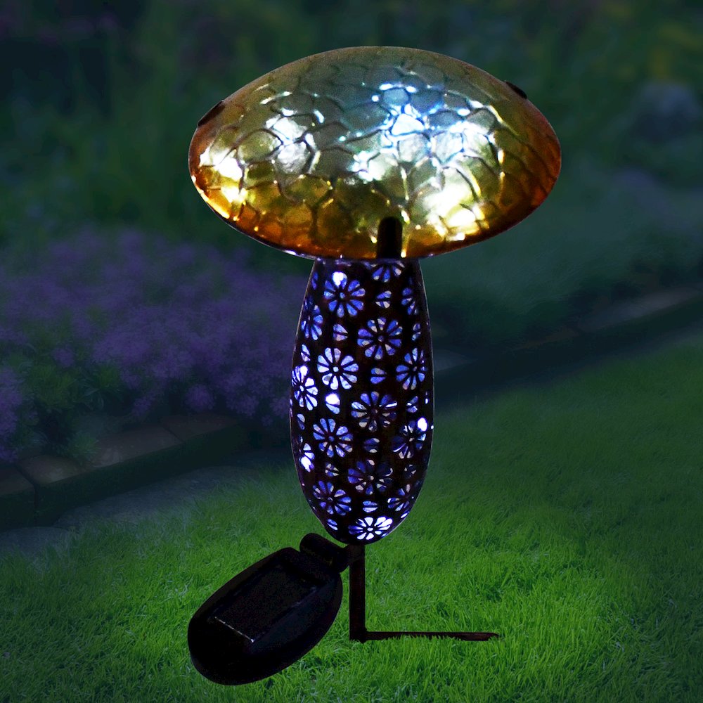 Metal And Glass Solar Mushroom Stake with LED - Yellow