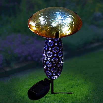 Metal And Glass Solar Mushroom Stake with LED - Yellow