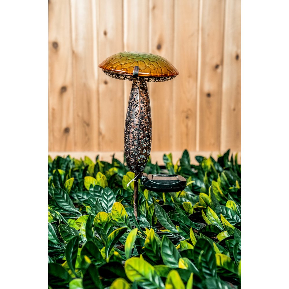 Metal And Glass Solar Mushroom Stake with LED - Yellow