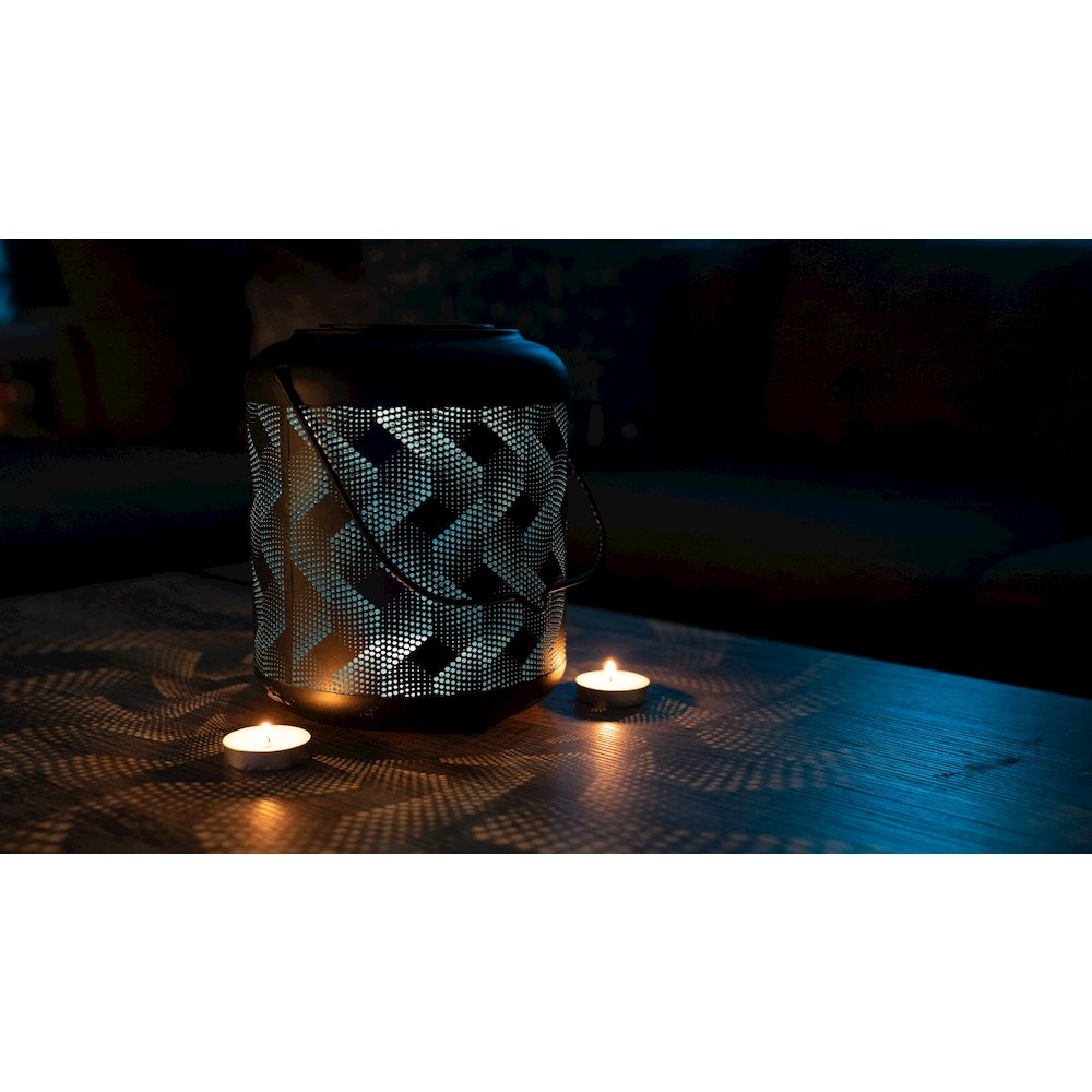 9In Solar Black And Blue Wave Metal Lantern with Ww LED