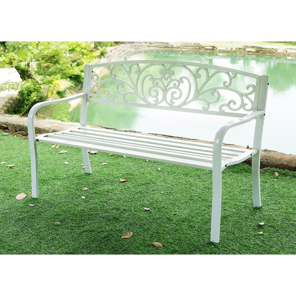 Garden Bench White Scroll Backrest 50 Inch Long