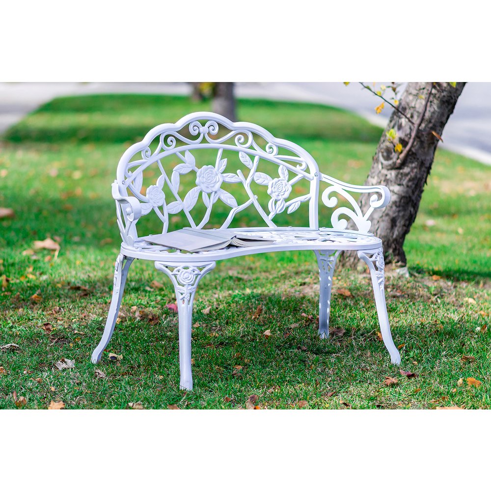 White Metal Rose Garden Bench