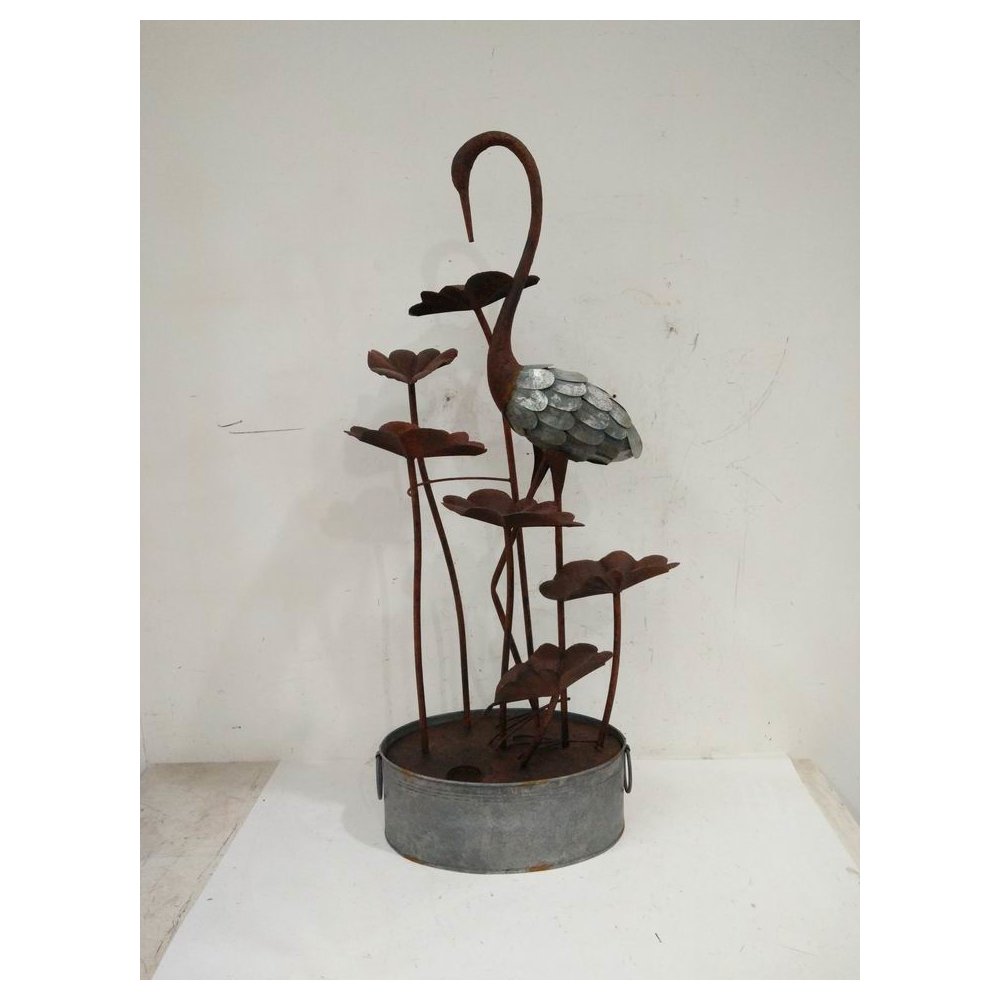 Metal Crane W/Leaves In Pail Fountain