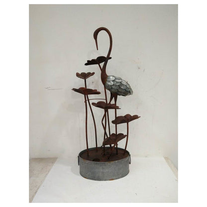 Metal Crane W/Leaves In Pail Fountain
