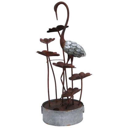 Metal Crane W/Leaves In Pail Fountain
