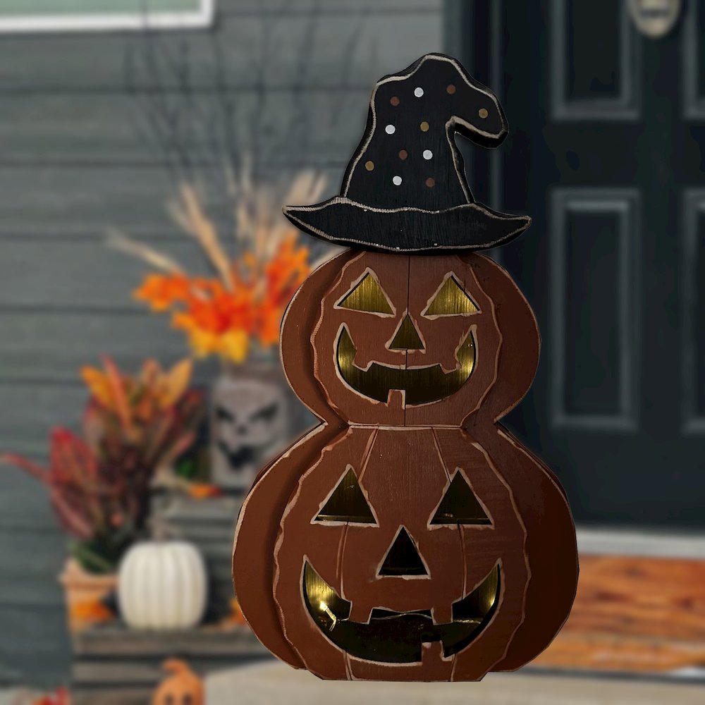 25in Wooden Lighted Jack O Lantern Hat Timer Battery Operated Halloween Decor