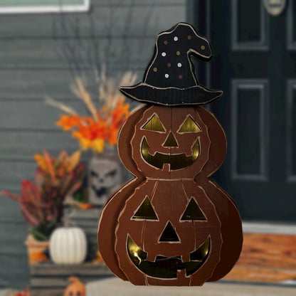 25in Wooden Lighted Jack O Lantern Hat Timer Battery Operated Halloween Decor