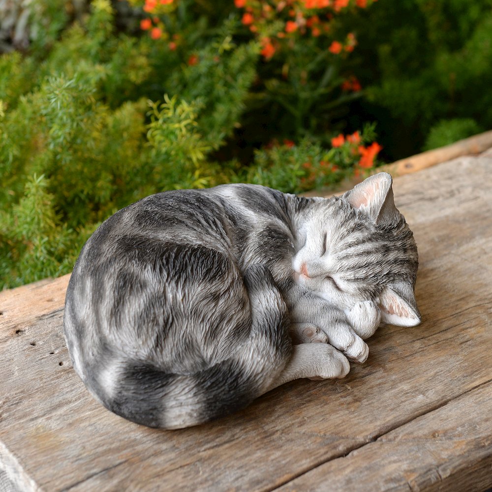 Tabby Dreams: Enchanting Black Polyresin Sleeping Cat Figurine