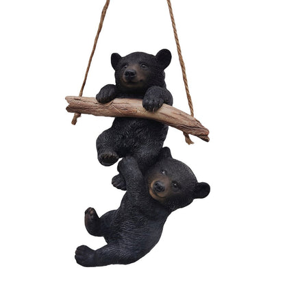 Hanging Bear Cubs Duet: Playful Black Polyresin Figurine Set