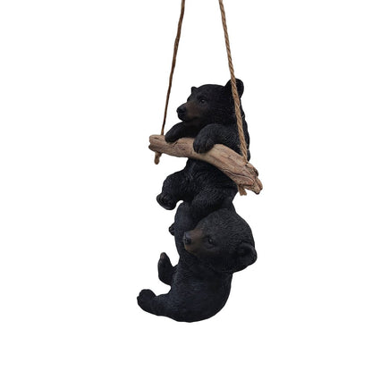 Hanging Bear Cubs Duet: Playful Black Polyresin Figurine Set