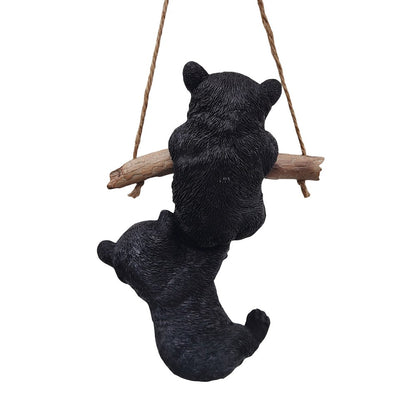 Hanging Bear Cubs Duet: Playful Black Polyresin Figurine Set