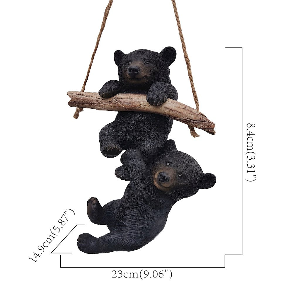 Hanging Bear Cubs Duet: Playful Black Polyresin Figurine Set