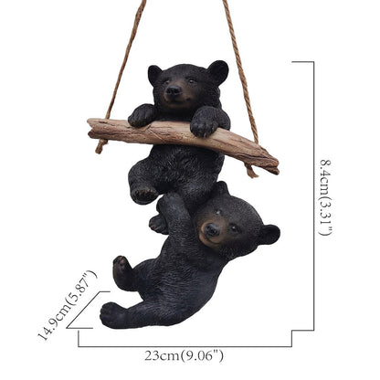 Hanging Bear Cubs Duet: Playful Black Polyresin Figurine Set