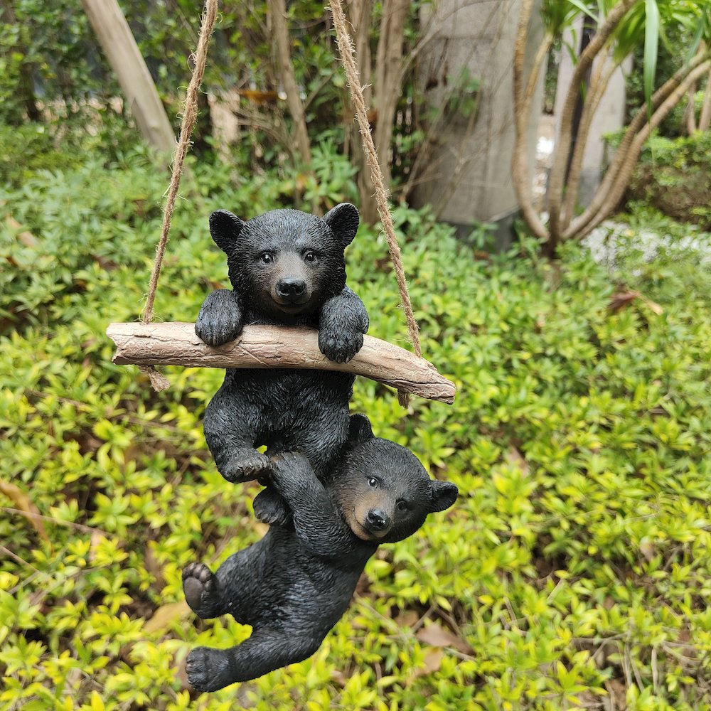 Hanging Bear Cubs Duet: Playful Black Polyresin Figurine Set
