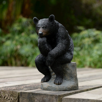 Onyx Contemplation: Intriguing Black Polyresin Thinking Bear Figurine