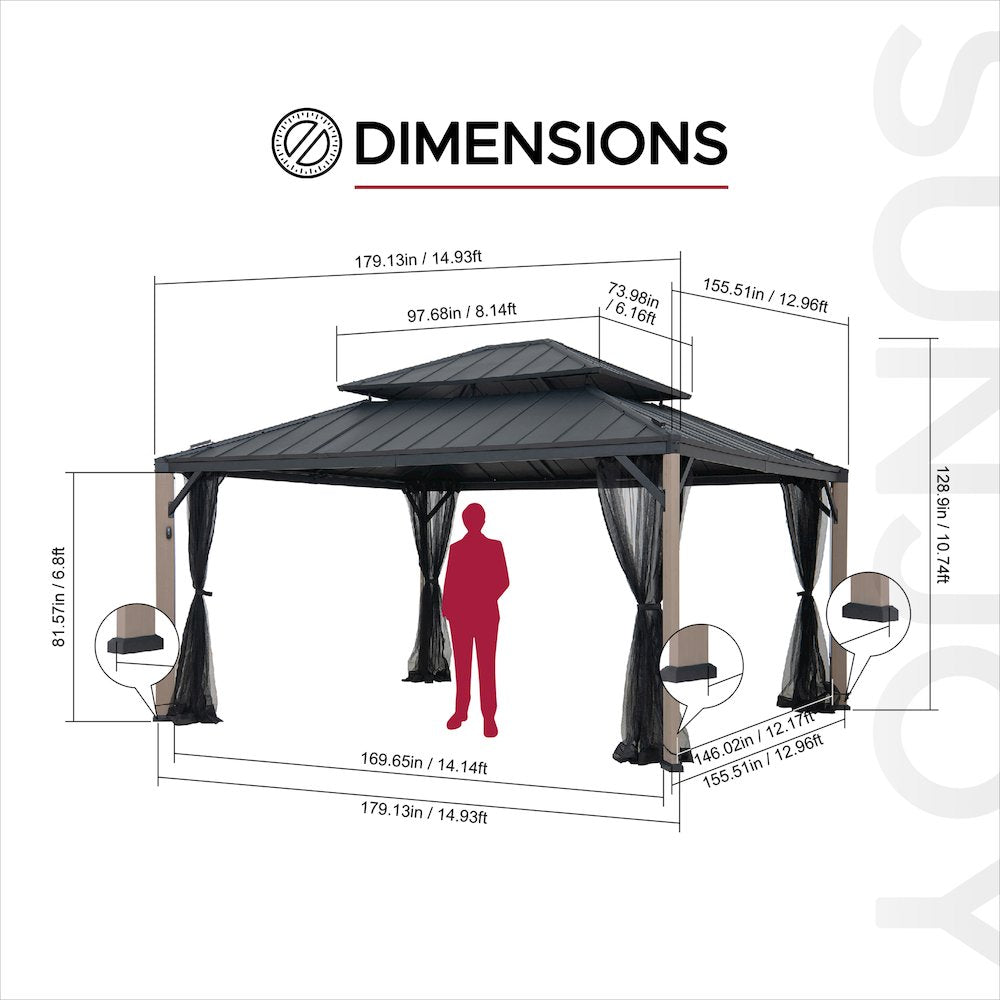 13 ft. x 15 ft. Cedar Framed Hard Top Gazebo with Solar Powered LED Lighting