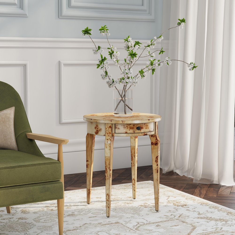 Archer 1 Drawer Burl  Side Table, Light Brown