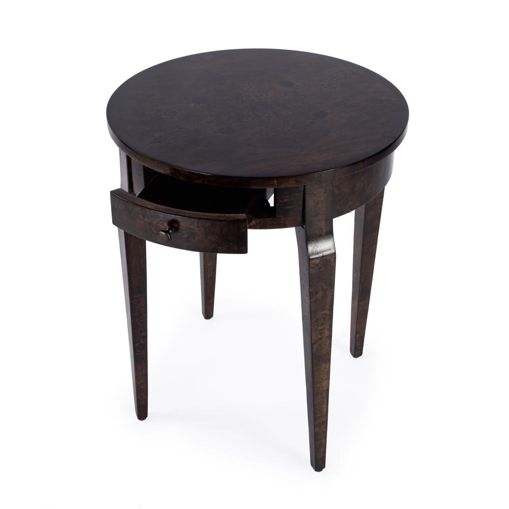 Archer 1 Drawer  Burl Side Table, Dark Brown