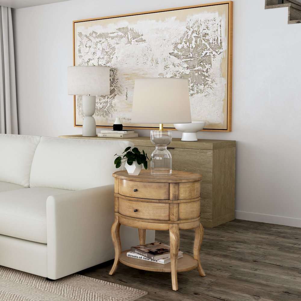 Jarvis Oval 2-Drawer Side Table, Beige