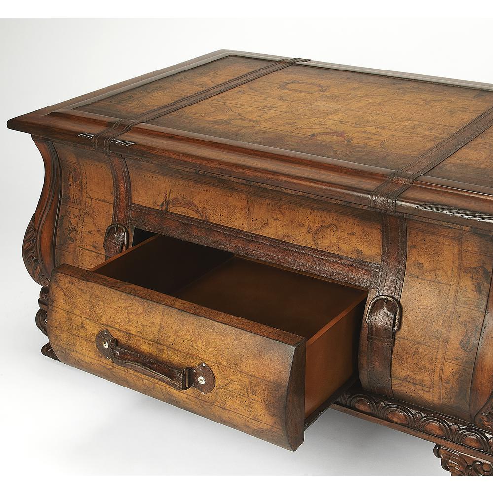 Vasco Bombe Old World Map Trunk Table, Light Brown