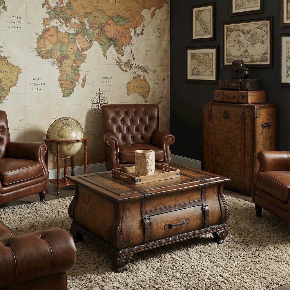 Vasco Bombe Old World Map Trunk Table, Light Brown