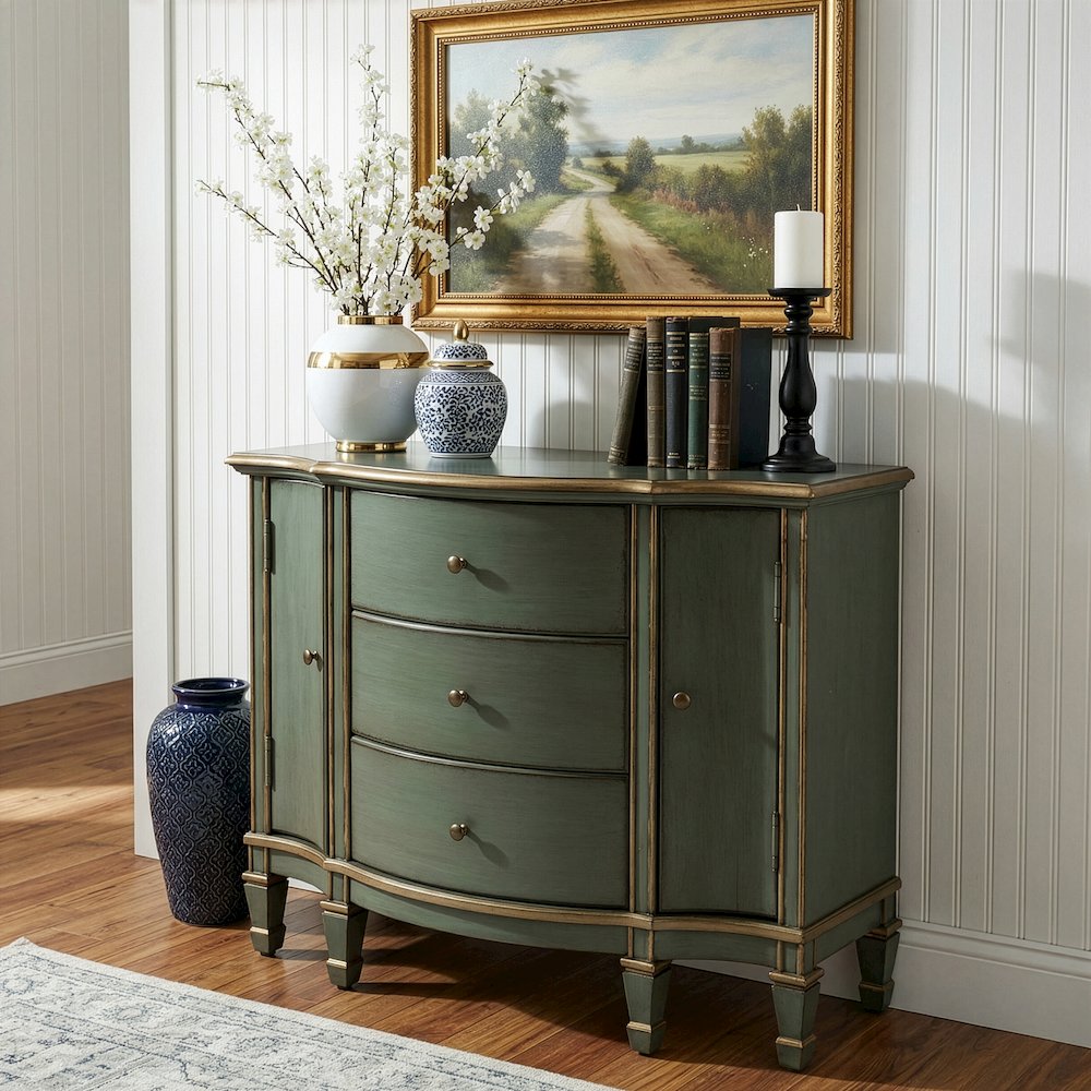 Sheffield 40 in. W Demilune Wood 3 Drawer 2 Door Accent Cabinet, Pastel Green