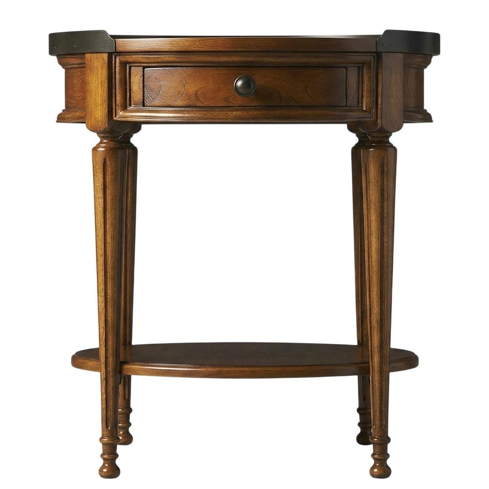 Round Side Table with Drawer, Transitional Accent Table, Olive Ash