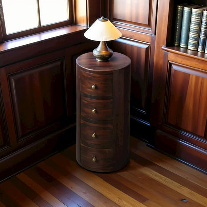 Round End Table with Storage – Side Table with Drawer in Brown Wood