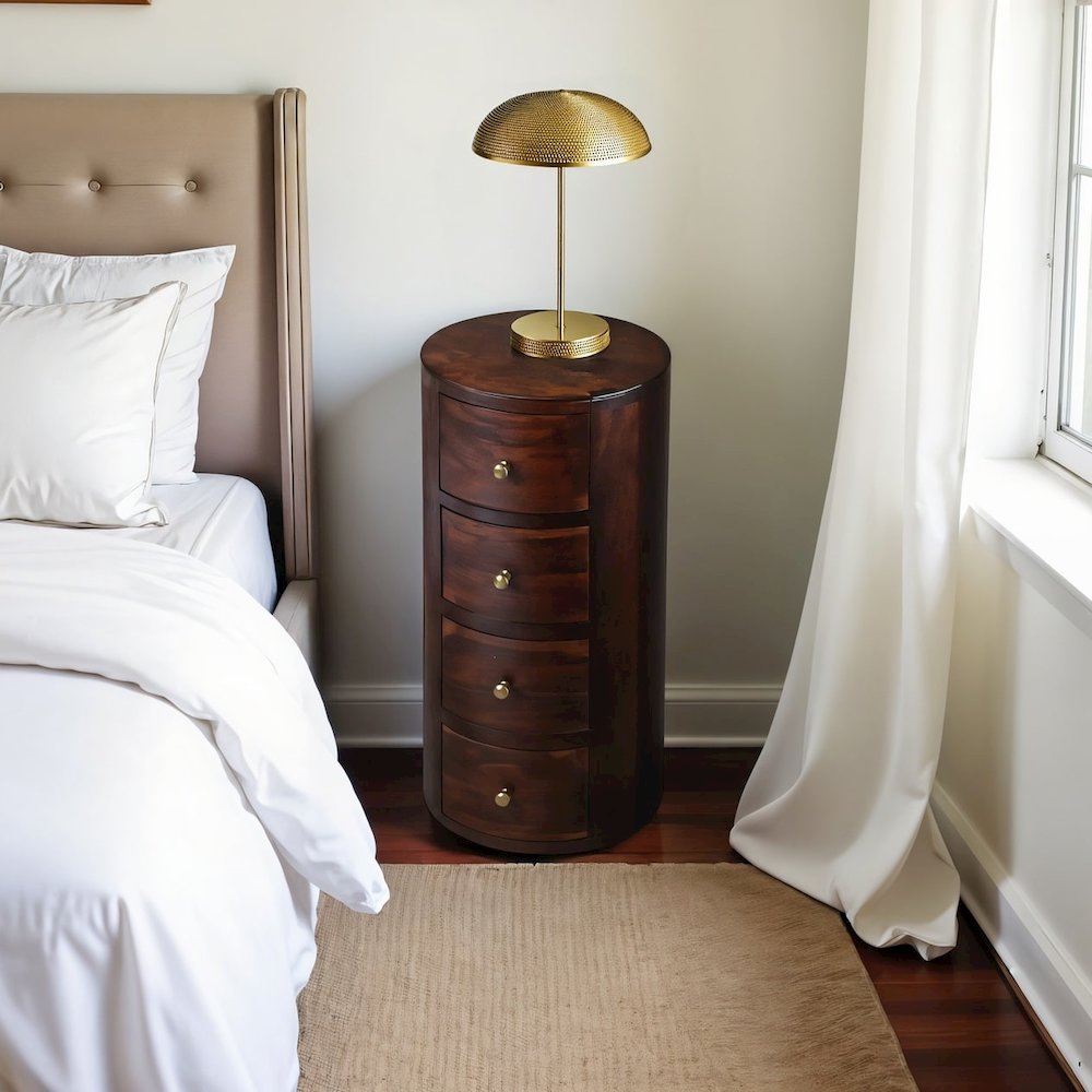 Round End Table with Storage – Side Table with Drawer in Brown Wood