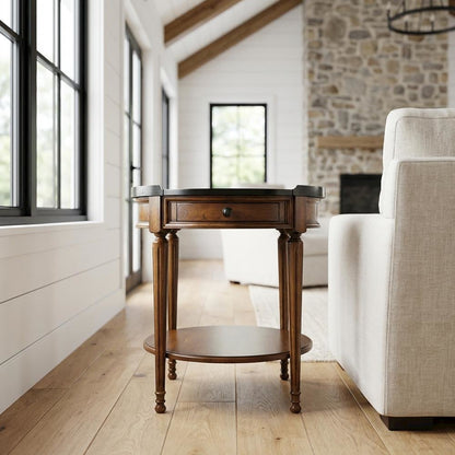 Round Side Table with Drawer, Transitional Accent Table, Olive Ash