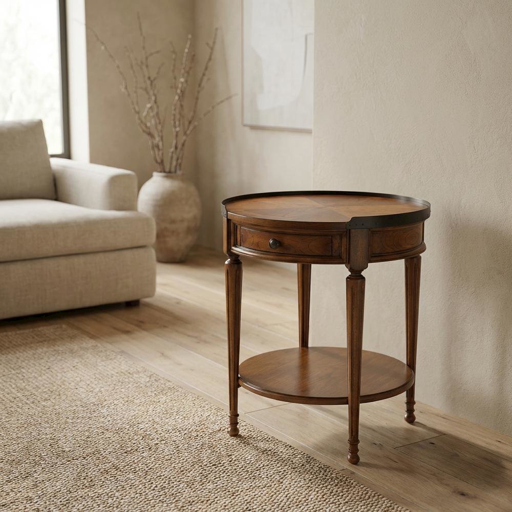 Round Side Table with Drawer, Transitional Accent Table, Olive Ash