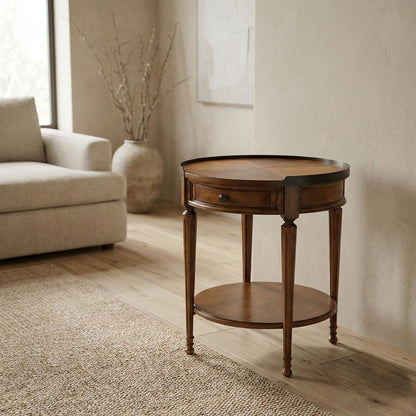 Round Side Table with Drawer, Transitional Accent Table, Olive Ash