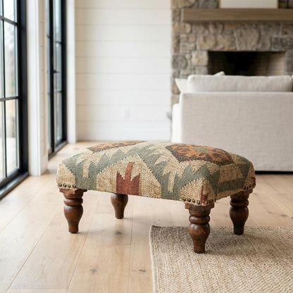 Rustic Jute Wrapped Accent Stool, Distressed Wood Footstool for Bedroom