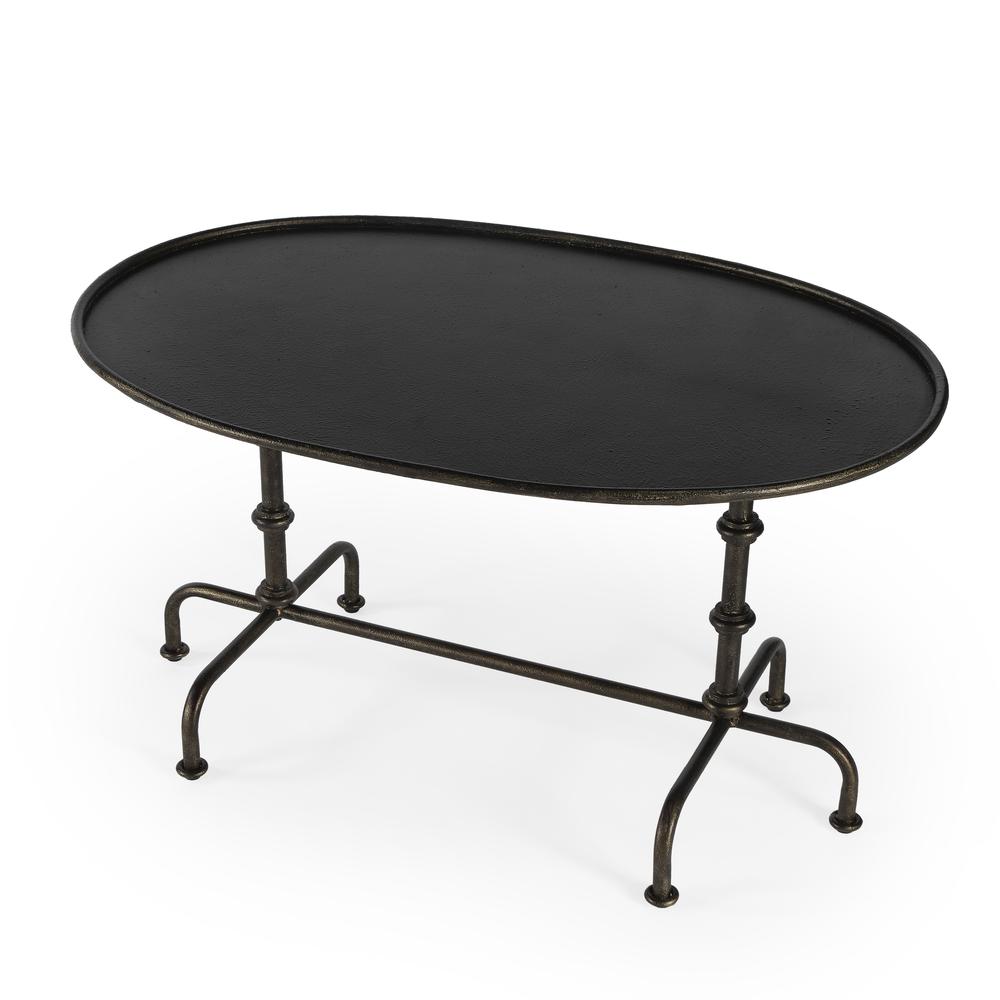 Kira 38 in. W Oval Metal Industrial Coffee Table with Tray Top Edging, Oil Rubbed Bronze
