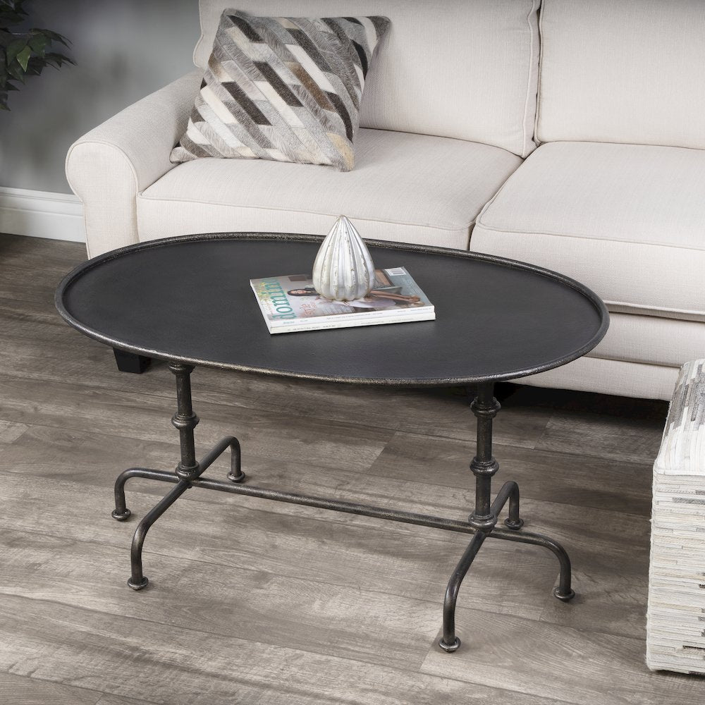 Kira 38 in. W Oval Metal Industrial Coffee Table with Tray Top Edging, Oil Rubbed Bronze
